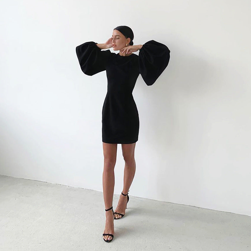 Party Zipper Lantern Sleeve Round Neck Bodycon Mini Dresses