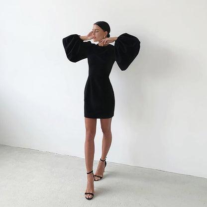 Party Zipper Lantern Sleeve Round Neck Bodycon Mini Dresses