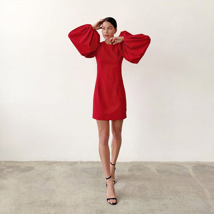 Party Zipper Lantern Sleeve Round Neck Bodycon Mini Dresses