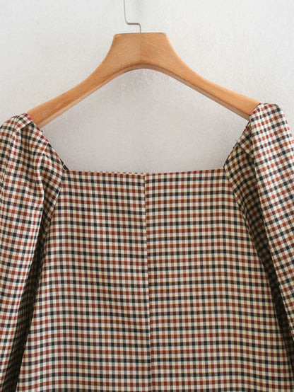 Square Collar Lattice Plaid Mini Dress
