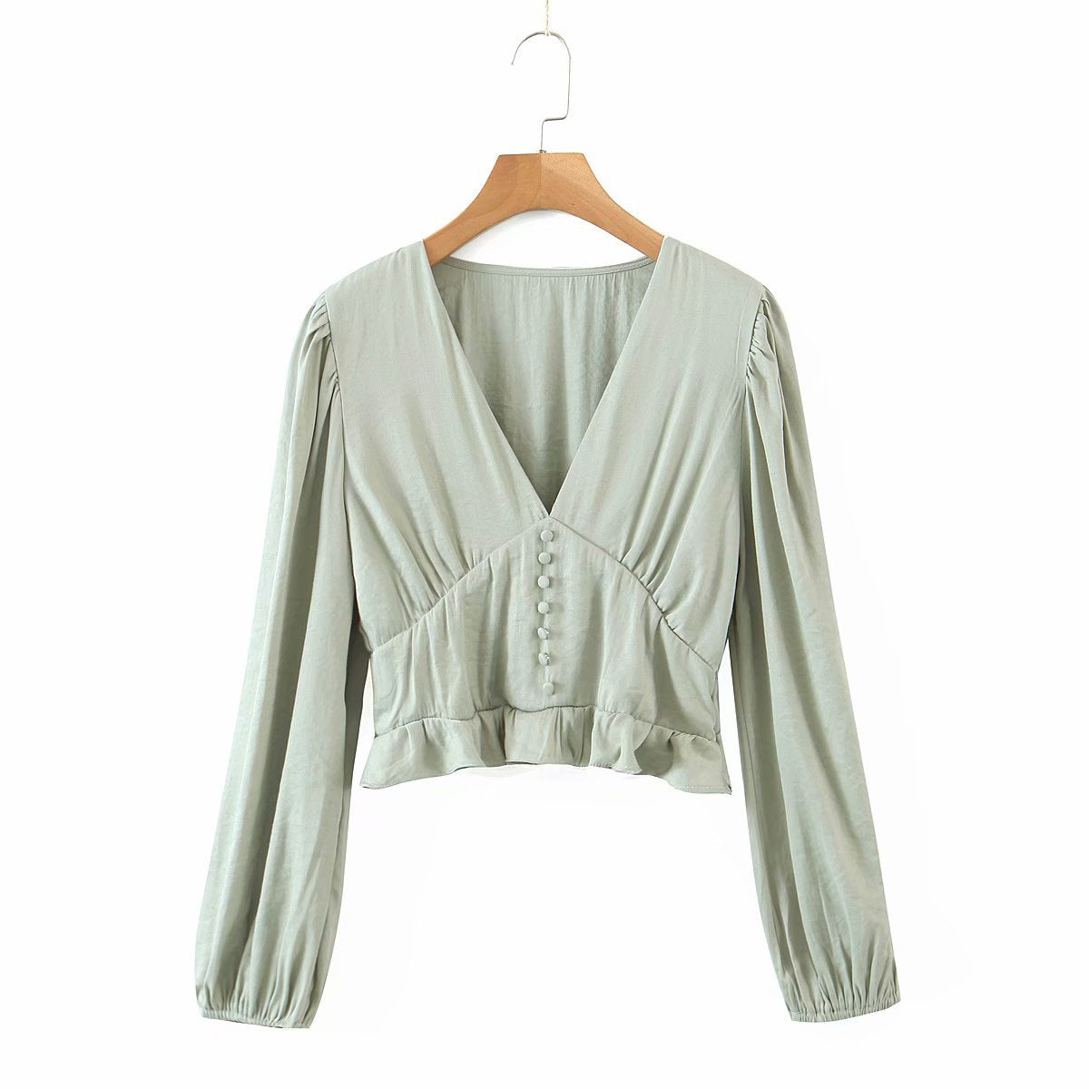Lantern Sleeve V-neck Ruffled Shirts Blouses