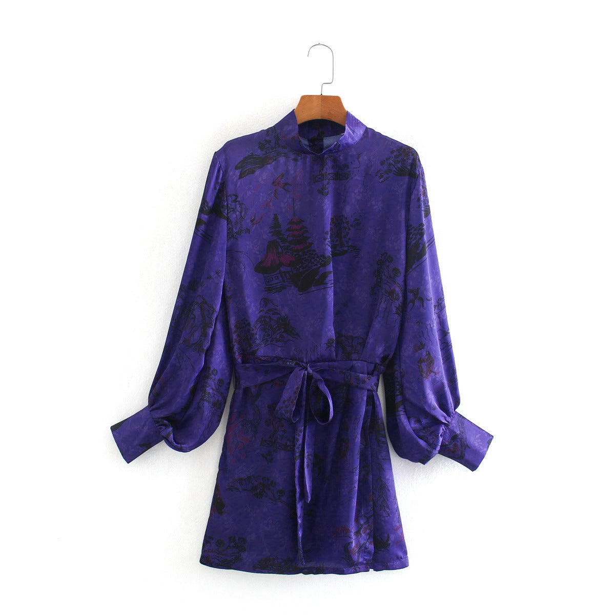 High-collared Lace-up Floral Mini Dresses