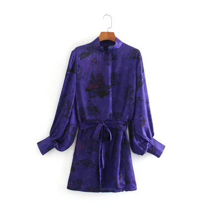 High-collared Lace-up Floral Mini Dresses