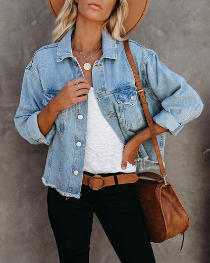Denim Pile Collar Single-breasted Splicing Tassel Hem Outerwear