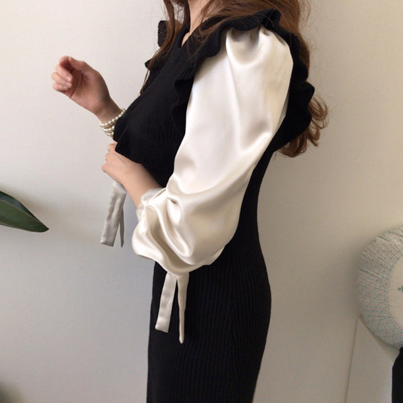 Ruffled Knit Splicing Lacing Sweater Midi Dresses
