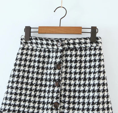 Ruffled Breasted Woolen Vintage Houndstooth Skirt Mini Dresses