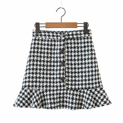 Ruffled Breasted Woolen Vintage Houndstooth Skirt Mini Dresses
