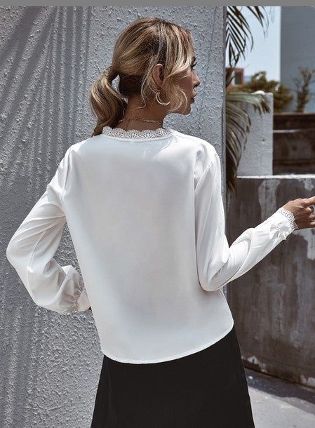 V-neck Lace Lantern Sleeve Single-breasted Shirts Blouses