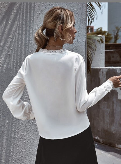 V-neck Lace Lantern Sleeve Single-breasted Shirts Blouses