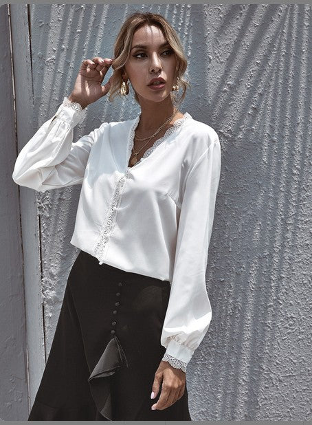 V-neck Lace Lantern Sleeve Single-breasted Shirts Blouses