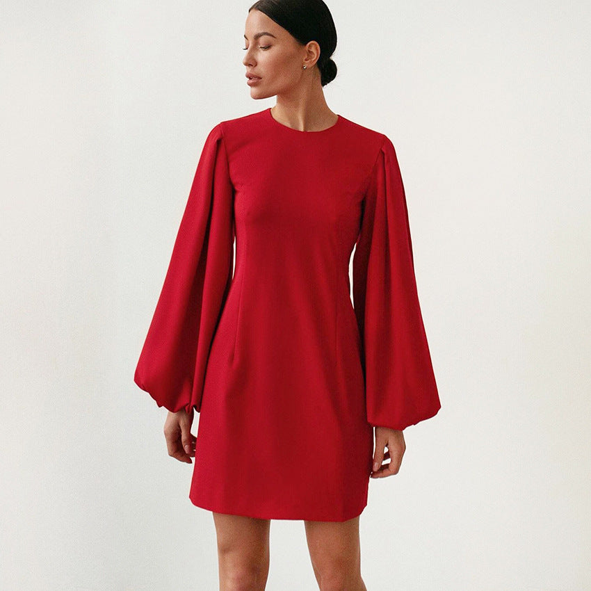 Party Zipper Lantern Sleeve Round Neck Bodycon Mini Dresses