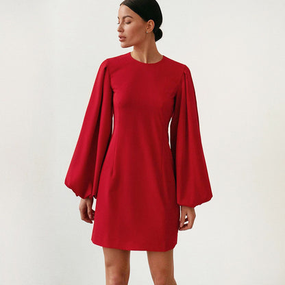 Party Zipper Lantern Sleeve Round Neck Bodycon Mini Dresses