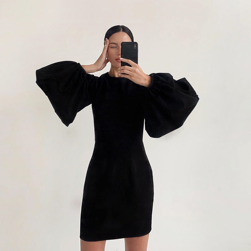 Party Zipper Lantern Sleeve Round Neck Bodycon Mini Dresses