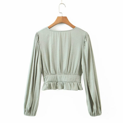 Lantern Sleeve V-neck Ruffled Shirts Blouses