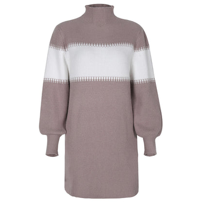 High Collar Lantern Sleeve Contrast Color Sweater Knit Mini Dress