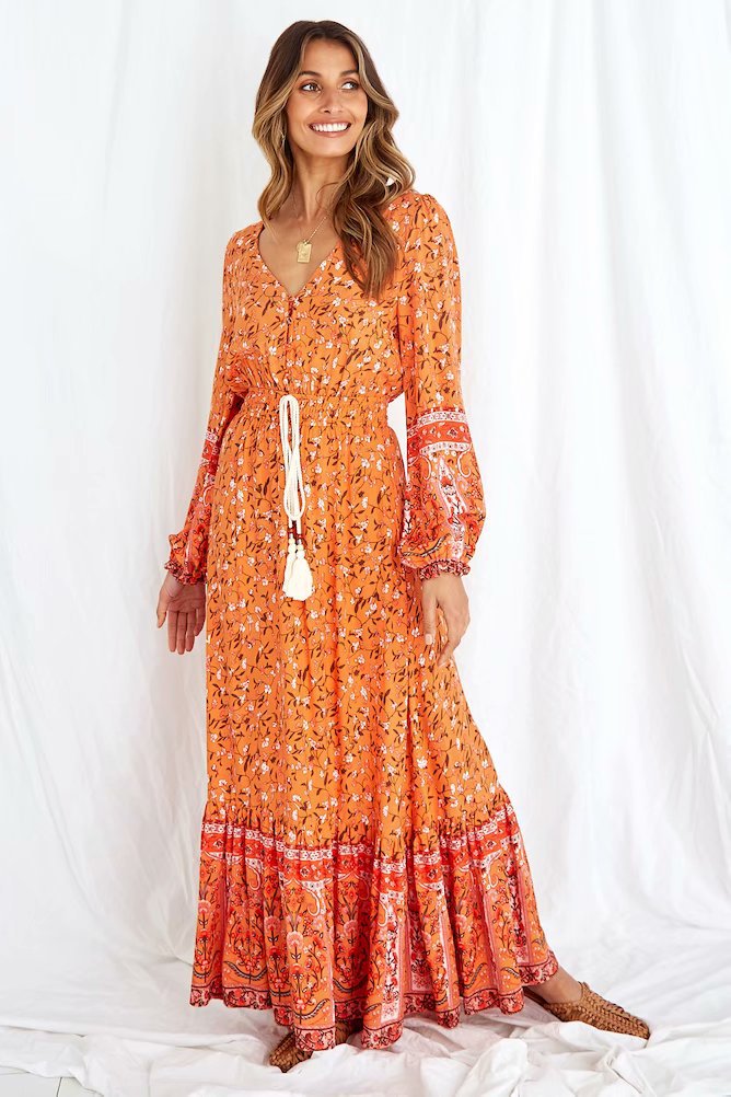 Tassel Lacing Elastic Waist Floral Maxi Dresses