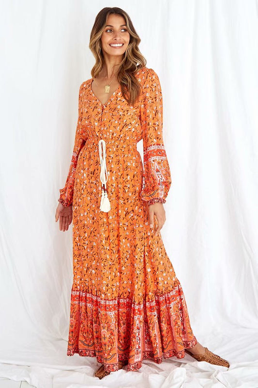 Tassel Lacing Elastic Waist Floral Maxi Dresses