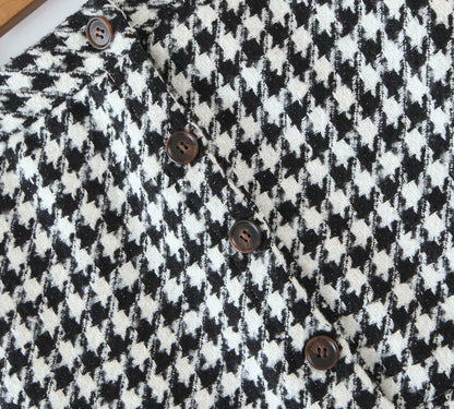 Ruffled Breasted Woolen Vintage Houndstooth Skirt Mini Dresses