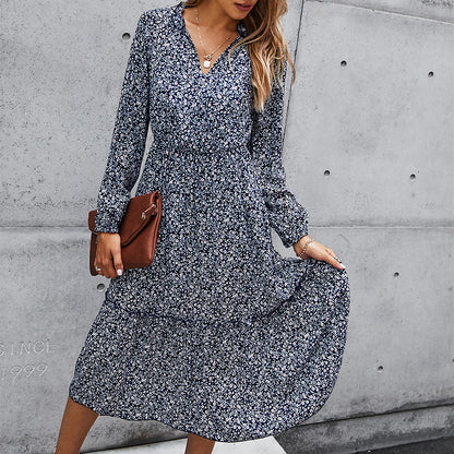 Floral V-neck Ruffles Elastic Waist Midi Dresses