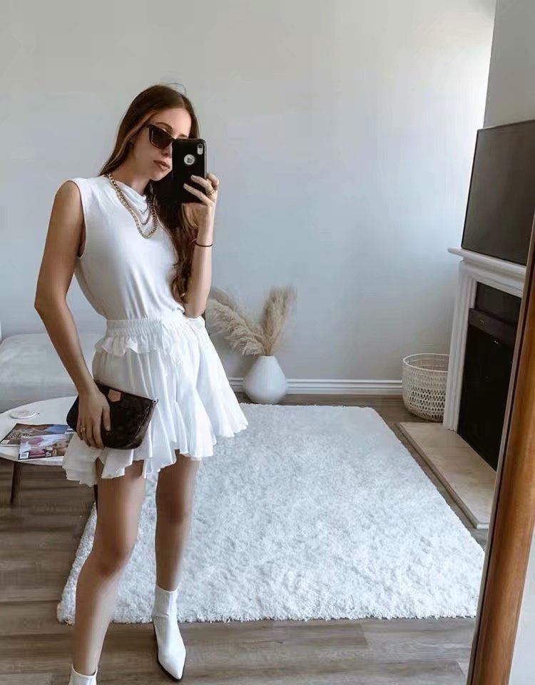 Lace-up Elastic Waist Pleated Skirts Mini Dresses