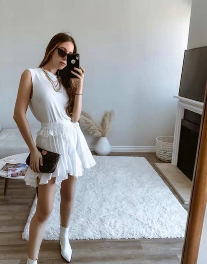 Lace-up Elastic Waist Pleated Skirts Mini Dresses