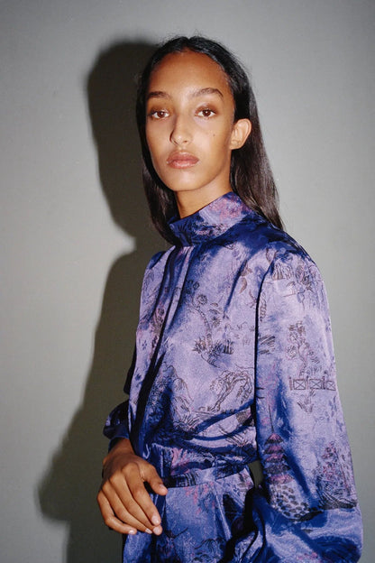 High-collared Lace-up Floral Mini Dresses