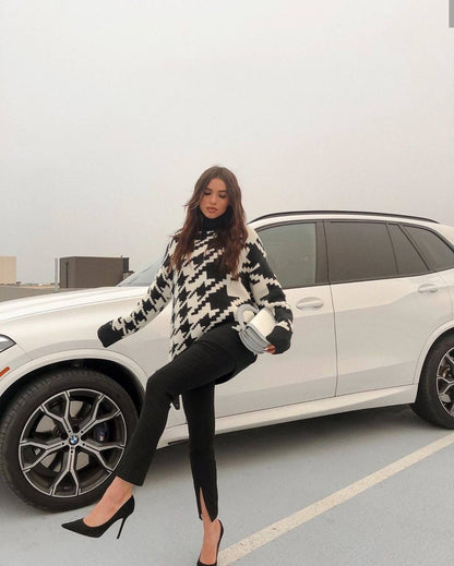 Geometric Shape Houndstooth Knit Vintage Sweater