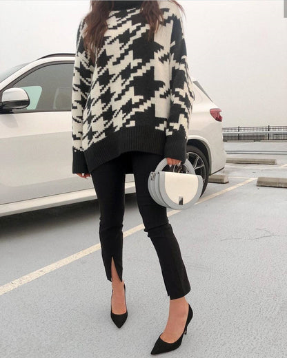 Geometric Shape Houndstooth Knit Vintage Sweater