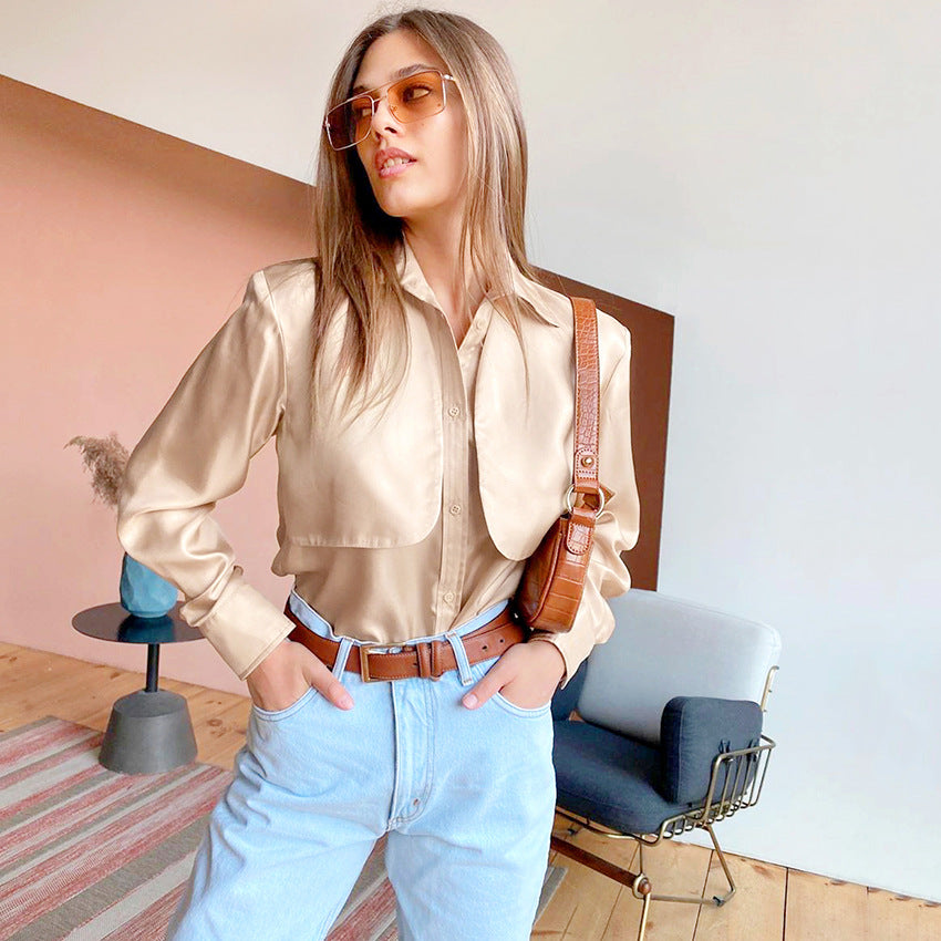 Vintage Pile Collar Single-breasted Silk Shirts Blouses