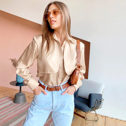Vintage Pile Collar Single-breasted Silk Shirts Blouses