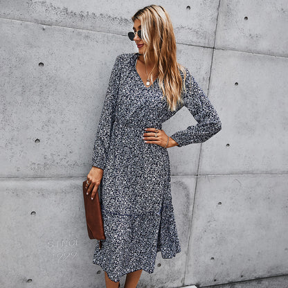 Floral V-neck Ruffles Elastic Waist Midi Dresses