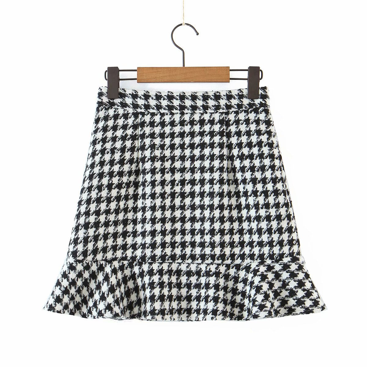 Ruffled Breasted Woolen Vintage Houndstooth Skirt Mini Dresses