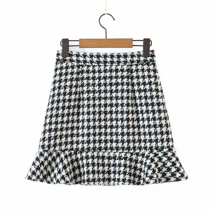 Ruffled Breasted Woolen Vintage Houndstooth Skirt Mini Dresses
