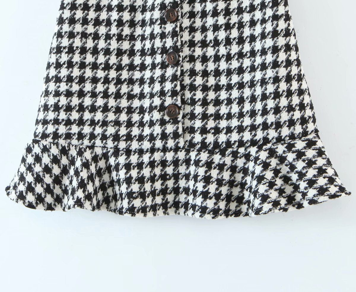 Ruffled Breasted Woolen Vintage Houndstooth Skirt Mini Dresses