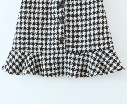 Ruffled Breasted Woolen Vintage Houndstooth Skirt Mini Dresses