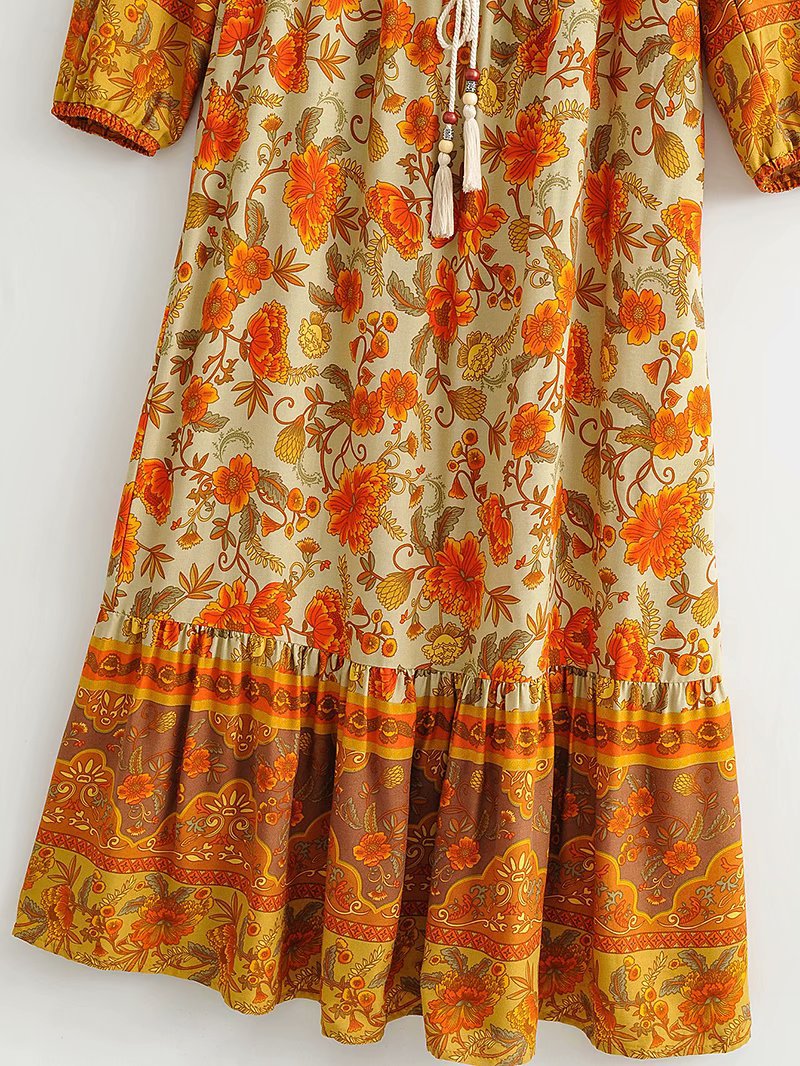 Vacation Drawstring Elastic Waist Floral Maxi Dresses