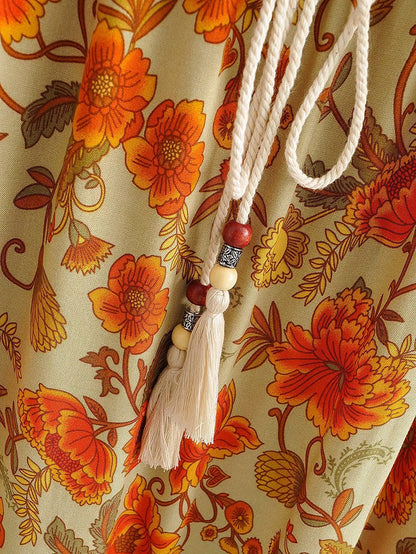 Vacation Drawstring Elastic Waist Floral Maxi Dresses