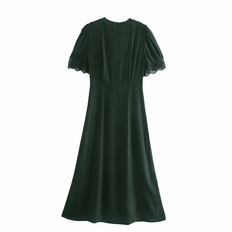 V-neck Vintage Lace Puff Sleeve Single-breasted Midi Dresses