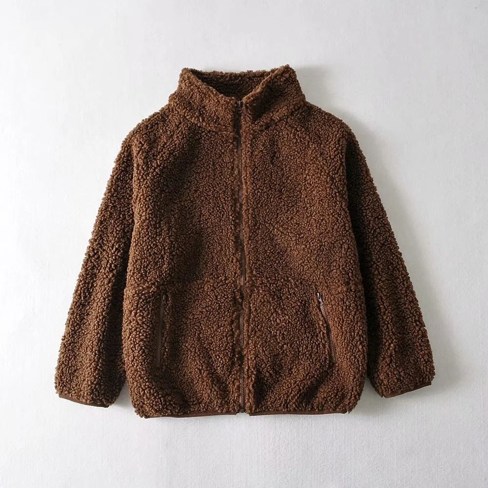 Half High Collar Zipper Lamb Wool Outerwear