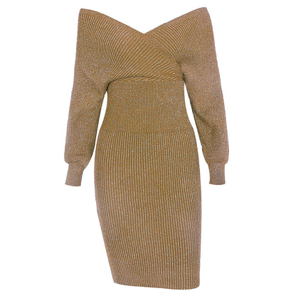 V-neck Knit Backless Bodycon Midi Dresses Two-piece Set