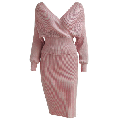 V-neck Knit Backless Bodycon Midi Dresses Two-piece Set