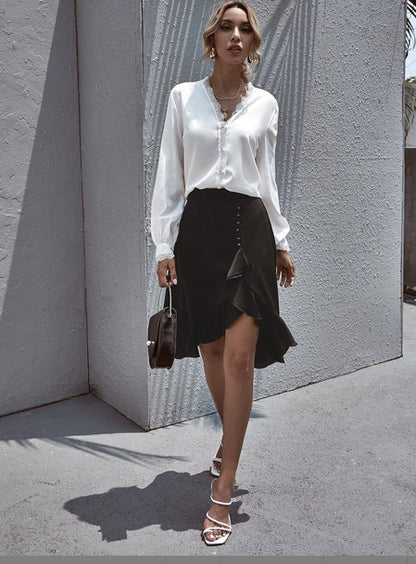 V-neck Lace Lantern Sleeve Single-breasted Shirts Blouses