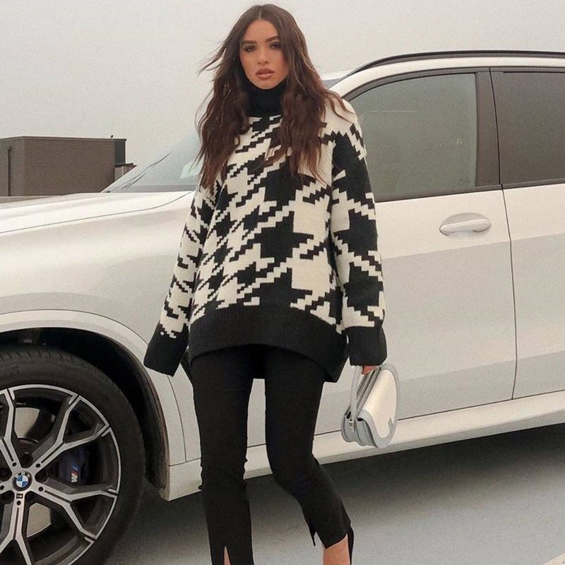 Geometric Shape Houndstooth Knit Vintage Sweater