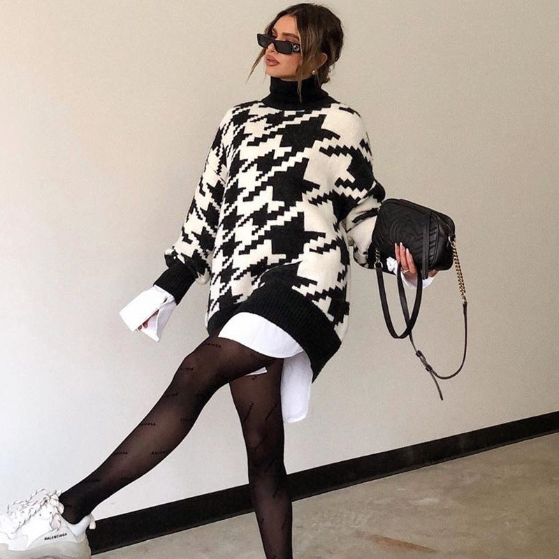 Geometric Shape Houndstooth Knit Vintage Sweater