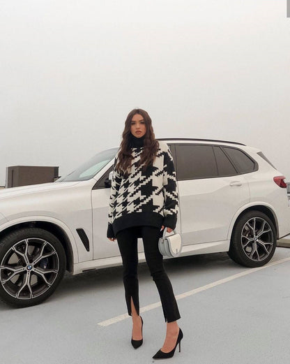 Geometric Shape Houndstooth Knit Vintage Sweater
