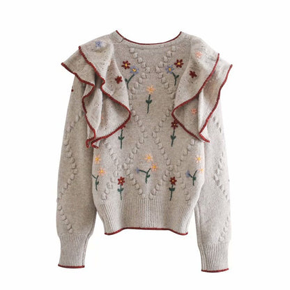 Ruffled Floral Knit V-neck Single-breasted Sweaters Cardigans
