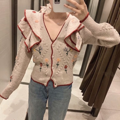 Ruffled Floral Knit V-neck Single-breasted Sweaters Cardigans