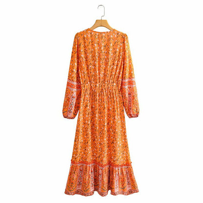 Tassel Lacing Elastic Waist Floral Maxi Dresses