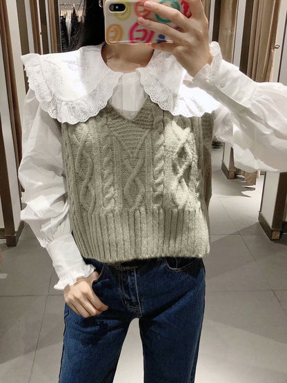 Knit V-neck Argyle Pattern Tank Tops Sweaters