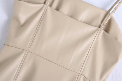 Suspenders Strapless Leather Cream Party Midi Dresses